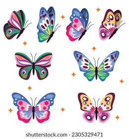  Set of 4 beautiful different butterflies. Back view and side view. Vector graphic.