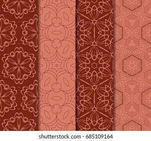 set of 4 beautiful geometric seamless pattern of different geometric shapes. vector illustration. brick color