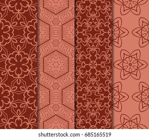 set of 4 beautiful geometric seamless pattern of different geometric shapes. vector illustration. brick color