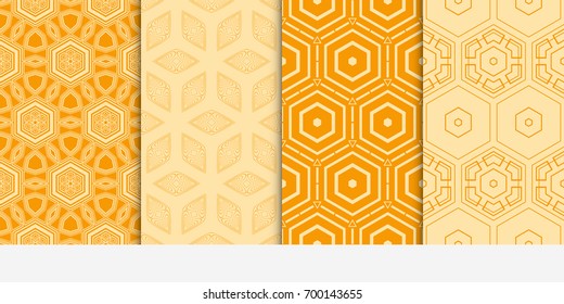 set of 4 beautiful geometric seamless pattern of different geometric shapes. vector illustration. orange color