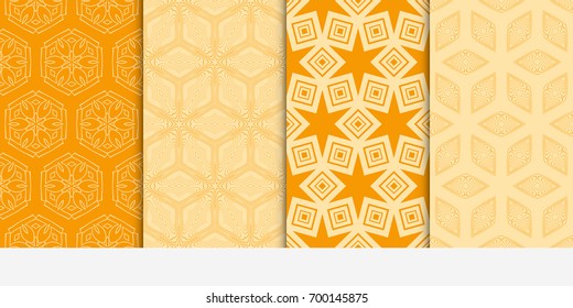 set of 4 beautiful geometric seamless pattern of different geometric shapes. vector illustration. orange color