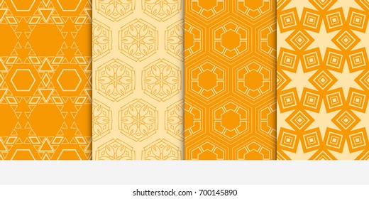 set of 4 beautiful geometric seamless pattern of different geometric shapes. vector illustration. orange color