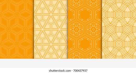 set of 4 beautiful geometric seamless pattern of different geometric shapes. vector illustration. orange color