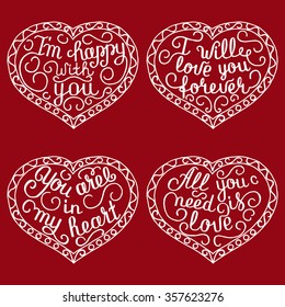 Set of 4 beautiful hearts with calligraphy letters on red background