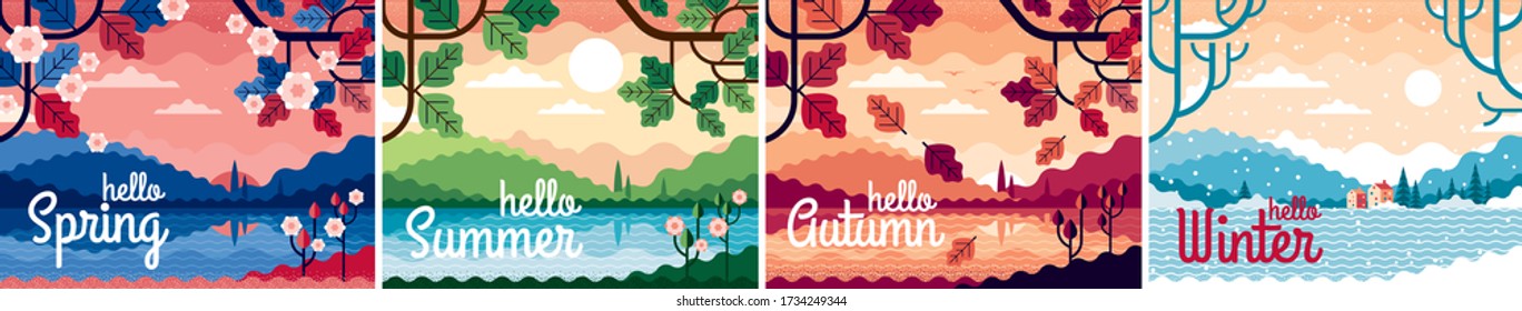 Set of 4 beautiful seasons vector landscapes: summer, spring, winter, autumn. Trendy style banners. Flat graphic illustrations can be used for gift card, flyer, postcard, poster, cover.