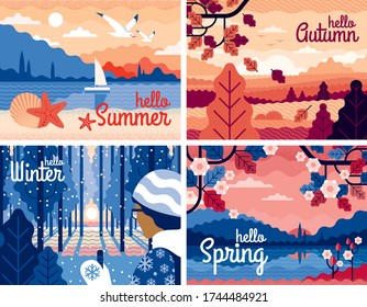 Set of Set of 4 beautiful seasons vector landscapes: summer, spring, winter, autumn. Trendy style banners. Flat graphic illustrations can be used for gift card, flyer, postcard, poster, cover.