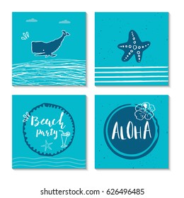 Set of 4  beautiful summer poster with hand drawn lettering. Collection of template for sail, tropical vacation, banner, invitation, envelope, background, journal cards. 