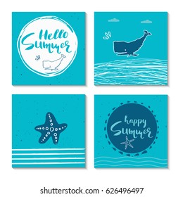 Set of 4  beautiful summer poster with hand drawn lettering. Collection of template for sail, tropical vacation, banner, invitation, envelope, background, journal cards. 