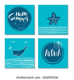 Set of 4  beautiful summer poster with hand drawn lettering. Collection of template for sail, tropical vacation, banner, invitation, envelope, background, journal cards. 