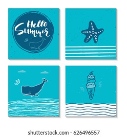 Set of 4  beautiful summer poster with hand drawn lettering. Collection of template for sail, tropical vacation, banner, invitation, envelope, background, journal cards. 