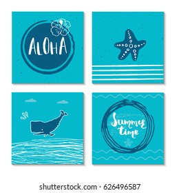 Set of 4  beautiful summer poster with hand drawn lettering. Collection of template for sail, tropical vacation, banner, invitation, envelope, background, journal cards. 