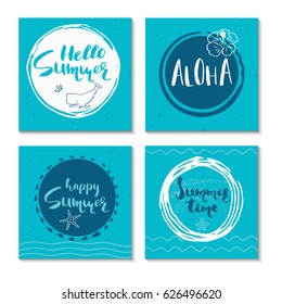 Set of 4  beautiful summer poster with hand drawn lettering. Collection of template for sail, tropical vacation, banner, invitation, envelope, background, journal cards. 