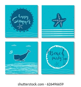 Set of 4  beautiful summer poster with hand drawn lettering. Collection of template for sail, tropical vacation, banner, invitation, envelope, background, journal cards. 