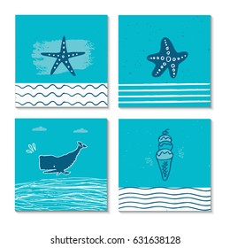 Set of 4  beautiful summer poster with hand drawn lettering. Collection of template for sail, tropical vacation, banner, invitation, envelope, background, journal cards. 