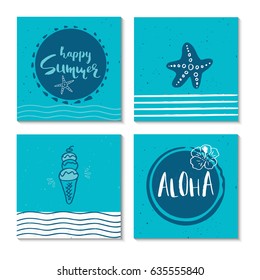 Set of 4  beautiful summer poster with hand drawn lettering. Collection of template for sail, tropical vacation, banner, invitation, envelope, background, journal cards. 