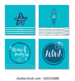 Set of 4  beautiful summer poster with hand drawn lettering. Collection of template for sail, tropical vacation, banner, invitation, envelope, background, journal cards. 