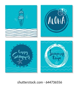 Set of 4  beautiful summer poster with hand drawn lettering. Collection of template for sail, tropical vacation, banner, invitation, envelope, background, journal cards. 