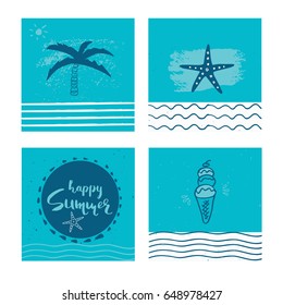 Set of 4 beautiful summer poster with hand drawn lettering. Collection of template for sail, tropical vacation, banner, invitation, envelope, background, journal cards. 