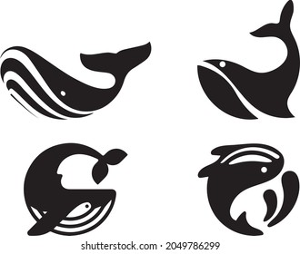 A set of 4 beautifully Vector Silhouette of a whale of different types