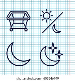 Set of 4 bedtime outline icons such as playpen, crescent, moon and stars