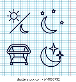Set of 4 bedtime outline icons such as playpen, moon and stars