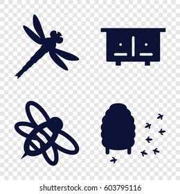 Set of 4 bee filled icons such as beehouse, bee, honeycomb
