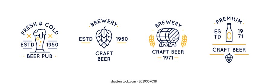 Set Of 4 Beer Labels And Logos. Beer Icons. Circle Vintage Craft Beer Icons With Pint Glass, Hop And Barrel Isolated On White Background. Vector Illustration 