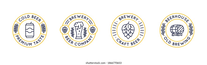 Conjunto de 4 logotipos y etiquetas de cerveza. Círculo de iconos de cerveza vintage con vidrio, lata, lúpulo y barril aislados en fondo blanco. Ilustración del vector 