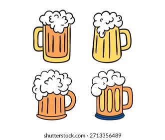 Conjunto de 4 tazas de cerveza con espuma, dibujado a mano doodle. Ilustración vectorial.