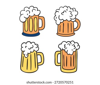 Conjunto de 4 tazas de cerveza con espuma, dibujado a mano doodle. Ilustración vectorial.