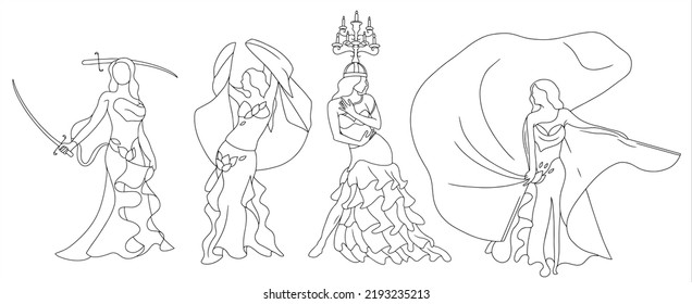 Set Of 4 Belly Dancers. Belly Dancer With Swords, Shamadan, Veil And Isis Wings. Isolated White Background Line Illustration. Feminen Fusion Dance. Mystical Women Dancing Oriental Dance.