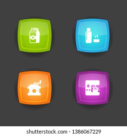 Set of 4 beverage icons set. Collection of package, mocha grinder, thermos and other elements.