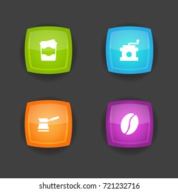 Set Of 4 Beverage Icons Set.Collection Of Plastic Cup, Coffee Mill, Arabica Bean And Other Elements.