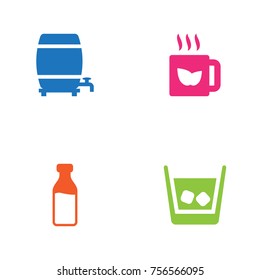 Set Of 4 Beverages Icons Set.Collection Of Cask, Milk Glass, Green Tea And Other Elements.