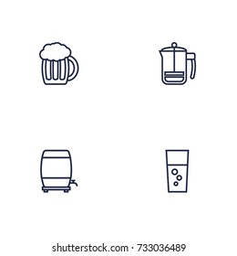 Set Of 4 Beverages Outline Icons Set.Collection Of French Press, Wine Cask, Beer And Other Elements.