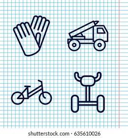 Set of 4 bicycle outline icons such as child bicycle, gloves, truck rocket