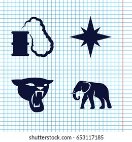Set of 4 big filled icons such as elephant, panther, explosion