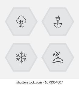 Set of 4 bio icons line style set. Collection of winter snow, tree, green power and other elements.