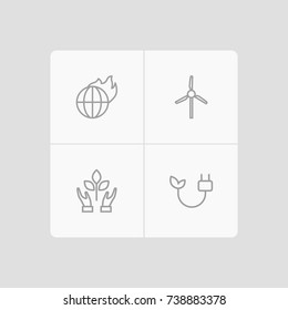 Set Of 4 Bio Outline Icons Set.Collection Of Nature, Wind Turbine, Global Warming And Other Elements.