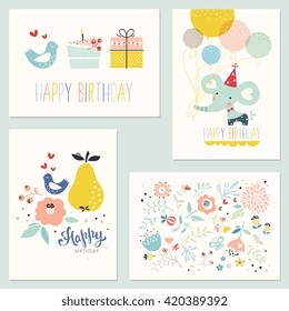 Set of 4 birthday cards with decorative flowers, baby elephant, balloons, pear, bird, hearts, gift box and cake. Vector illustration.