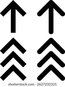 Set of 4 black arrows in different styles, minimalist and bold vector graphics, perfect for web design, icons, navigation elements, and graphic projects.