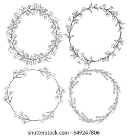 Set of 4 Black Doodle Hand Drawn Decorative Outlined Wreaths with Branches, Herbs, Plants, Leaves and Flowers, Florals. Vector Illustration. Frames, Circles