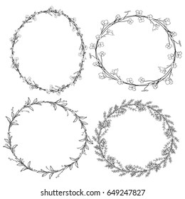 Set of 4 Black Doodle Hand Drawn Decorative Outlined Wreaths with Branches, Herbs, Plants, Leaves and Flowers, Florals. Vector Illustration. Frames, Circles