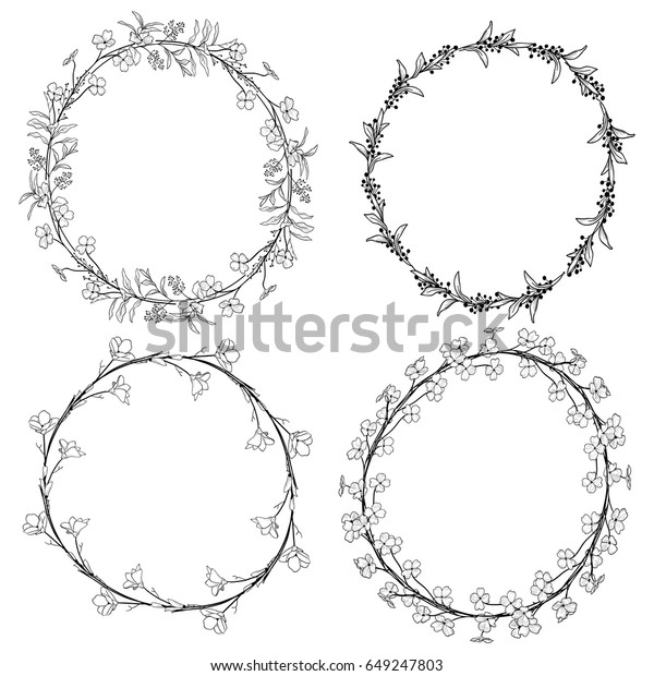 Set of 4 Black Doodle Hand\
Drawn Decorative Outlined Wreaths with Branches, Herbs, Plants,\
Leaves and Flowers, Florals. Vector Illustration. Frames,\
Circles