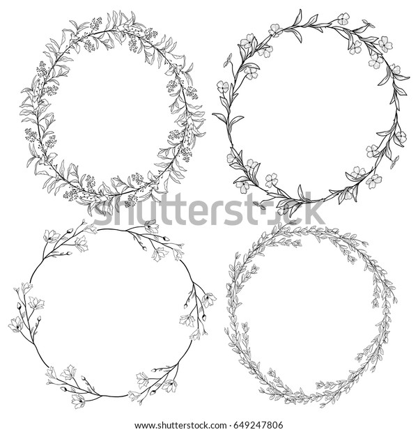 Set of 4 Black Doodle Hand\
Drawn Decorative Outlined Wreaths with Branches, Herbs, Plants,\
Leaves and Flowers, Florals. Vector Illustration. Frames,\
Circles