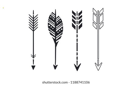 Set of 4 black hand drawn arrows. Simple hipster style icons. Vector elements for business card, book or postcard
