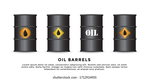 Set Of 4 Black Oil Barrels With Different Label Or Sticker Designs Isolated On White. Vector Illustration.