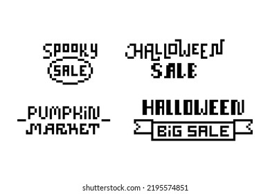 Conjunto de 4 anuncios retro negro estilo 80-90 estilo 8 bits tipo de letra de arte píxel Halloween venta, calabazas de texto del mercado aisladas en fondo blanco. Etiquetas de cupones de descuento para vacaciones de otoño. Volante de compras estacional