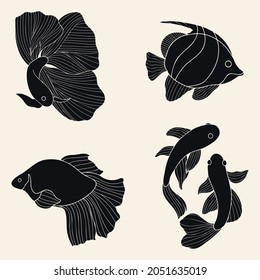 Set of 4 black stickers. Hand drawn elements with decorative exotic fish. Beautiful marine life for covers, brochures, interior design. Minimalist monochrome drawings.