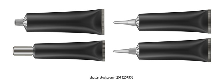 Set of 4 black tubes with long nozzle and silver caps. Cosmetic packaging. Serum or ointment. Gel or cream. Vector illustration isolated on a white background. 3d. Toothpaste